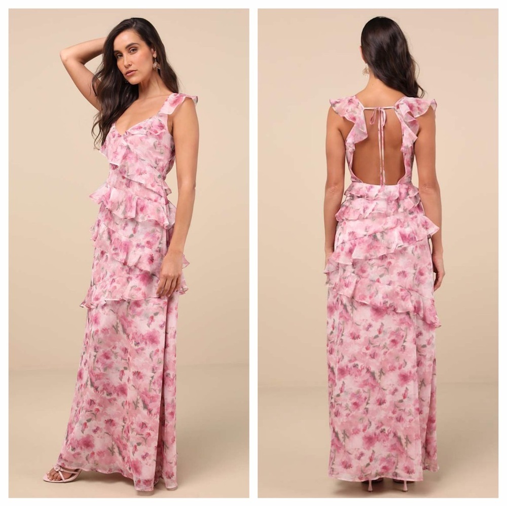 Lulus Evangeline Pink Floral Ruffled Maxi Dress